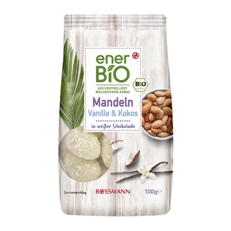 enerBiO Mandle v bílé čokoládě s vanilkou a kokosem, 100 g