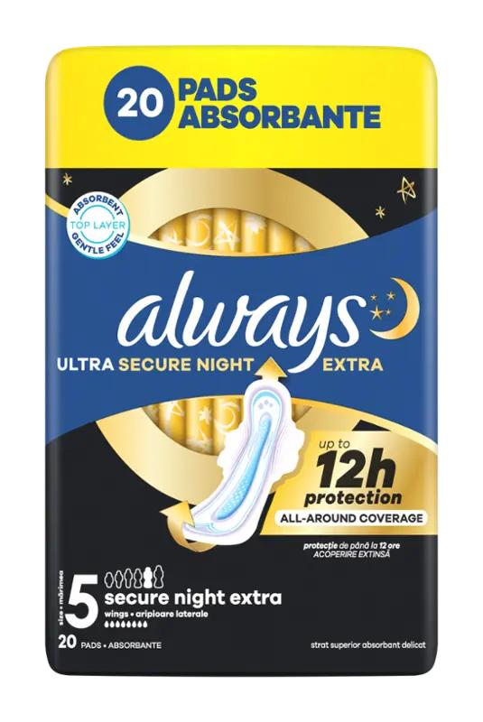 Always Hygienické vložky Ultra Secure Night Extra s křidélky vel. 5, 20 ks