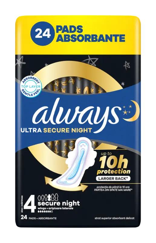 Always Hygienické vložky Ultra Secure Night s křidélky vel. 4, 24 ks