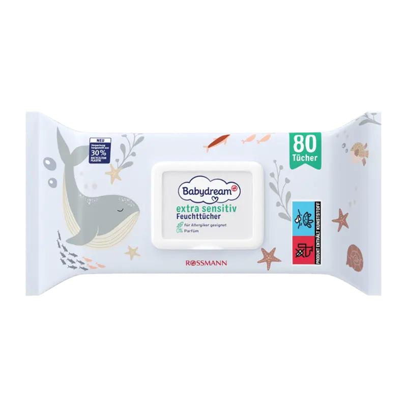 Babydream Vlhčené ubrousky extra sensitive s pop-up uzávěrem, 80 ks