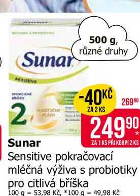 Sunar Sensitive pokračovací mléčná výživa s probiotiky pro citlivá bříška 500 g 