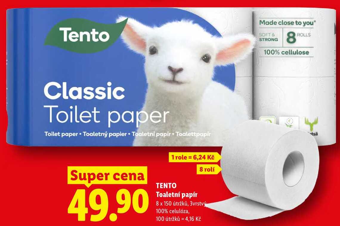 TENTO Toaletní papí,r 8 x 150 útržků, 3vrstvý