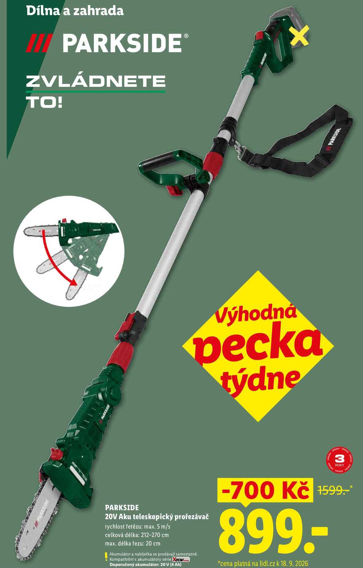 PARKSIDE 20V Aku teleskopický prořezávač
