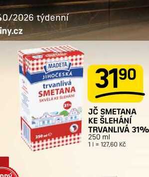 JČ SMETANA KE ŠLEHÁNÍ TRVANLIVÁ 31% 250 ml 