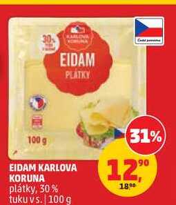 EIDAM KARLOVA KORUNA plátky, 30% tuku vs., 100 g 