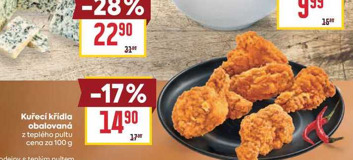 Kuřecí křídla obalovaná z teplého pultu cena za 100 g 