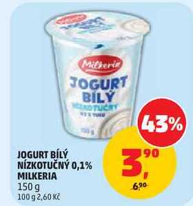 JOGURT BÍLÝ NÍZKOTUČNÝ 0,1% MILKERIA, 150 g