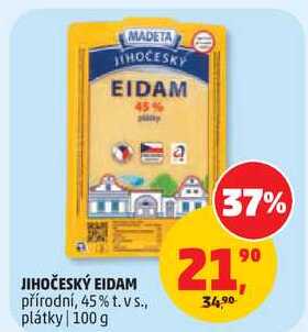 JIHOČESKÝ EIDAM přírodní, 45% t.vs., plátky, 100 g