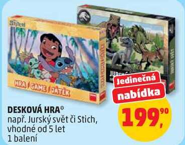 DESKOVÁ HRA např. Jurský svět či Stich, 1 balení