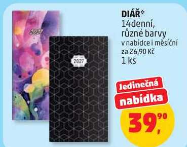 DIÁŘ 14denní, různé barvy v nabídce i měsíční, 1 ks