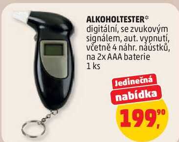 ALKOHOLTESTER digitální, se zvukovým signálem, aut. vypnutí, včetně 4 náhr. náústků, na 2x AAA baterie, 1 ks
