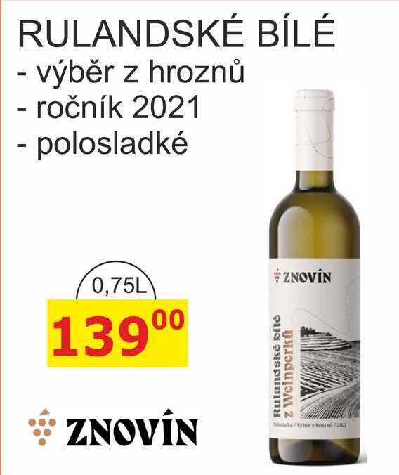 ZNOVÍN ZNOJMO 0,75L RULANDSKÉ BÍLÉ výběr z hroznů - ročník 2021, polosladké 