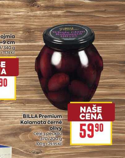 BILLA Premium Kalamata černé olivy celé s peckou 370/200 g 