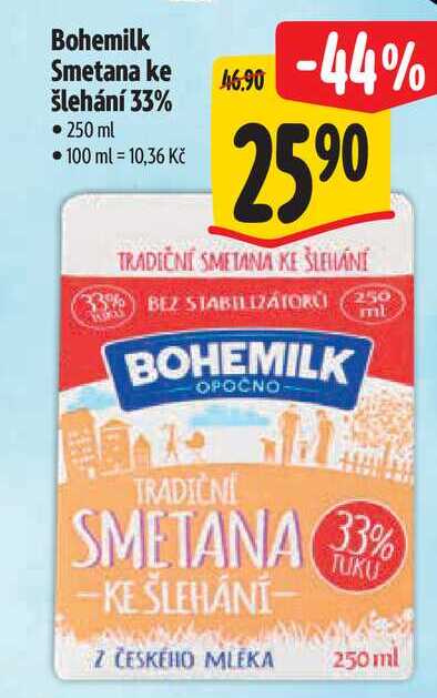 Bohemilk Smetana ke šlehání 33% 250 ml   v akci