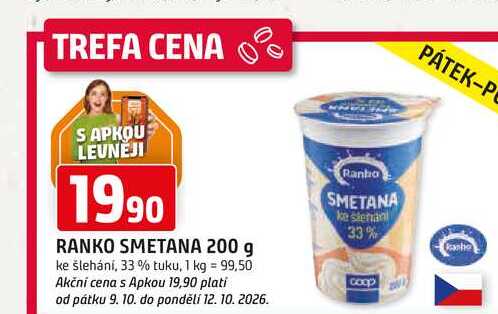RANKO SMETANA 200 g ke šlehání, 33% tuku