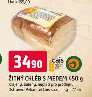 ŽITNÝ CHLÉB S MEDEM 450 g krájený, balený