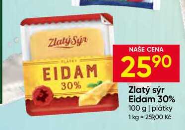 Zlatý sýr Eidam 30% 100 g plátky