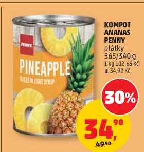 KOMPOT ANANAS PENNY plátky, 565/340 g