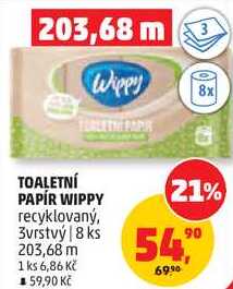 TOALETNÍ PAPÍR WIPPY recyklovaný, 3vrstvý, 18 ks