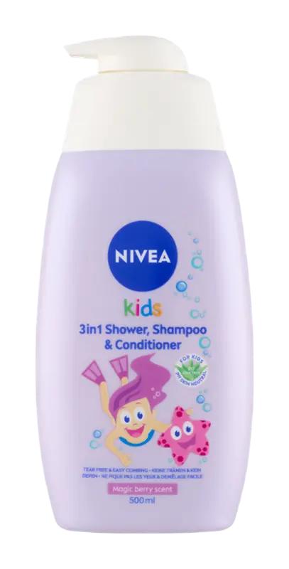 NIVEA Dětský sprchový gel, šampon a kondicionér 3v1, vůně lesního ovoce, 500 ml