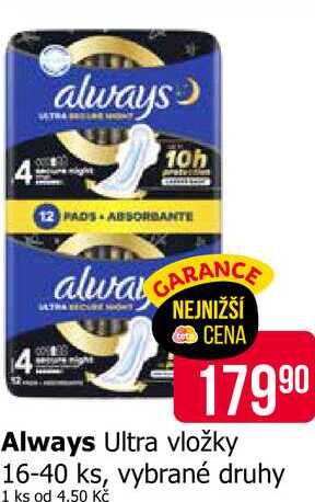 Always Ultra vložky 16-40 ks, vybrané druhy