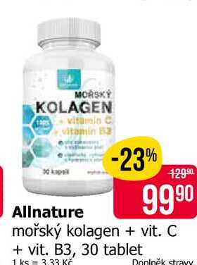 Allnature mořský kolagen + vit. C + vit. B3, 30 tablet