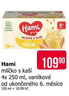 Hami mlíčko s kaší 4x 250 ml, vanilkové od ukončeného 6. měsíce