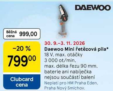 Daewoo Mini řetězová pila, 18 V, max. otáčky 3.000 ot/min, max. délka řezu 90 mm. baterie ani nabíječka nejsou součástí balení  