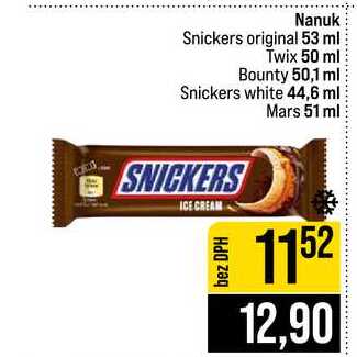 Nanuk Snickers original 53 ml Twix 50 ml Bounty 50,1 ml Snickers white 44,6 ml Mars 51 ml