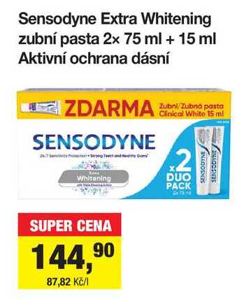 Sensodyne Extra Whitening zubní pasta 2x 75 ml + 15 ml Aktivní ochrana dásní