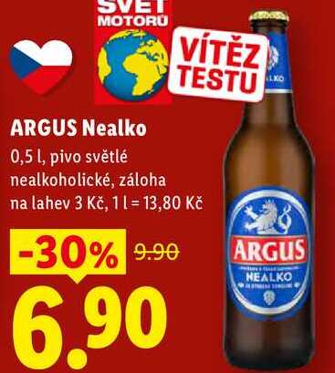 ARGUS Nealko, 0,5 l, pivo světlé nealkoholické