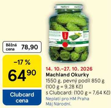 Machland Okurky, 1550 g. pevný podíl 850 g 