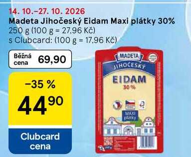 Madeta Jihočeský Eidam Maxi plátky 30%, 250 g