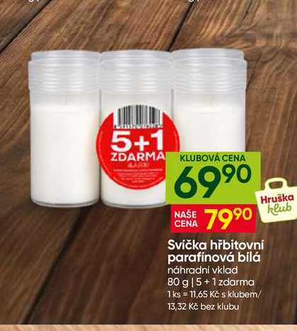 Svíčka hřbitovní parafinová bílá náhradní vklad 80 g 5+1
