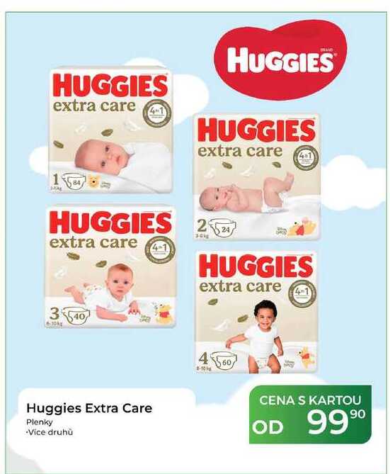 Huggies Extra Care Plenky •Vice druhů 10 50 CENA S KARTOU OD 99 90
