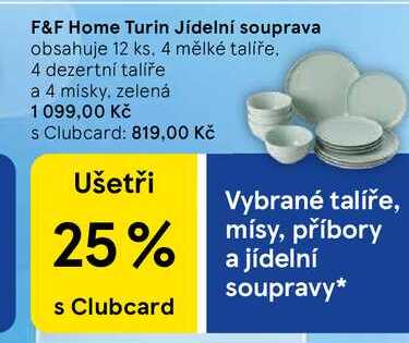 F&F Home Turin Jídelní souprava obsahuje, 12 ks, 4 mělké talíře. 4 dezertní talíře a 4 misky, zelená