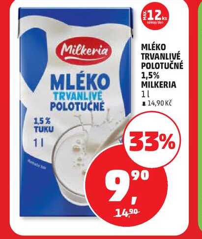 Milkeria MLÉKO TRVANLIVÉ POLOTUČNÉ 1,5% 1L