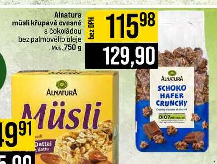Alnatura müsli křupavé ovesné s čokoládou bez palmového oleje Most 750 g 