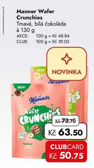 Manner Wafer Crunchies Tmavá, bílá čokoláda à 130 g  Kč 63.50 CLUBCARD Kč 50.75 