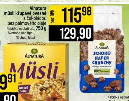 Alnatura müsli křupavé ovesné s čokoládou bez palmového oleje 750 g 