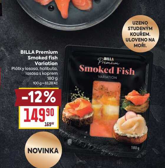 BILLA Premium Smoked fish Variation Plátky lososa, halibuta, lososa s koprem 180 g 