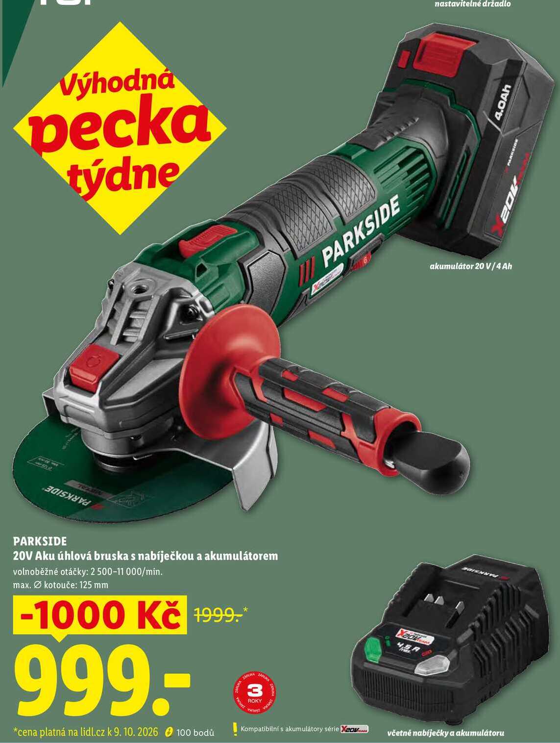 PARKSIDE 20V Aku úhlová bruska s nabíječkou a akumulátorem