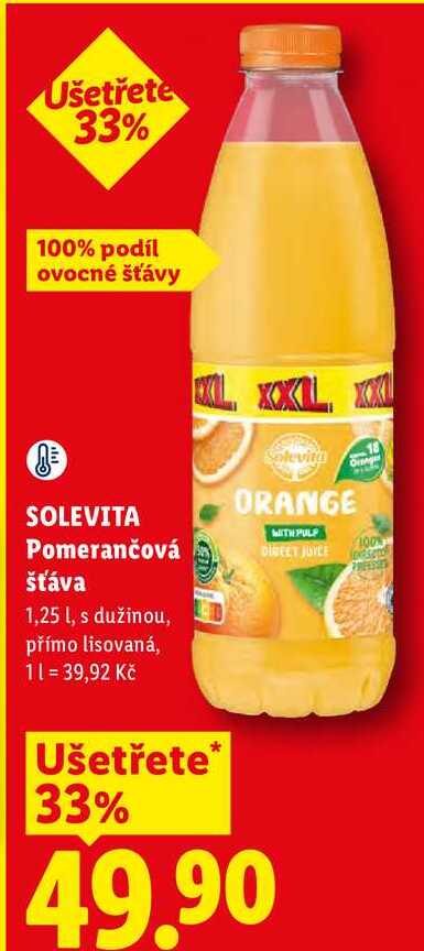 SOLEVITA Pomerančová šťáva, 1,25 l, s dužinou, přímo lisovaná