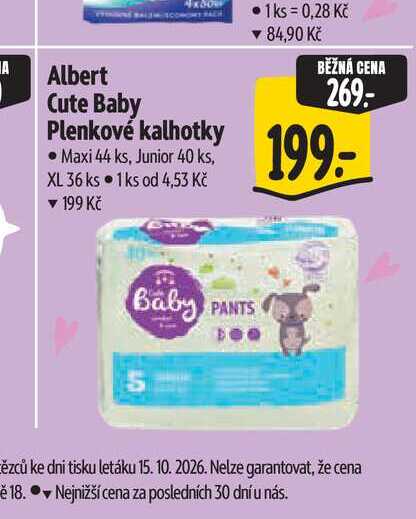 Albert Cute Baby Plenkové kalhotky Maxi 44 ks, Junior 40 ks, XL 36 ks