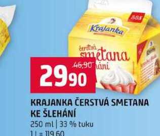 KRAJANKA ČERSTVÁ SMETANA KE ŠLEHÁNÍ 250 ml 33 % tuku