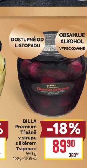 BILLA Premium Třešně v sirupu s likérem Tsipouro 550 g