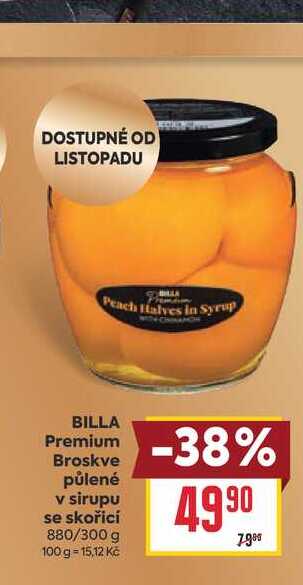 BILLA Premium Broskve půlené v sirupu se skořicí 880/300 g