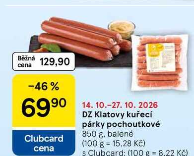 DZ Klatovy kuřecí párky pochoutkové, 850 g, balené 