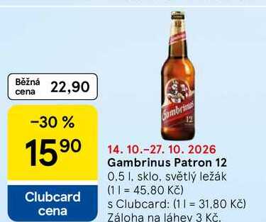 Gambrinus Patron 12, 0.5 l, sklo, světlý ležák