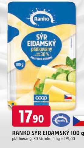 RANKO SÝR EIDAMSKÝ 100 g plátkovaný, 30%